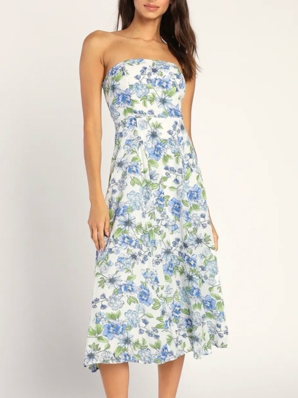 Lulus Sunday Lovin' White Floral Strapless Midi Dress Women’s Large New Blue